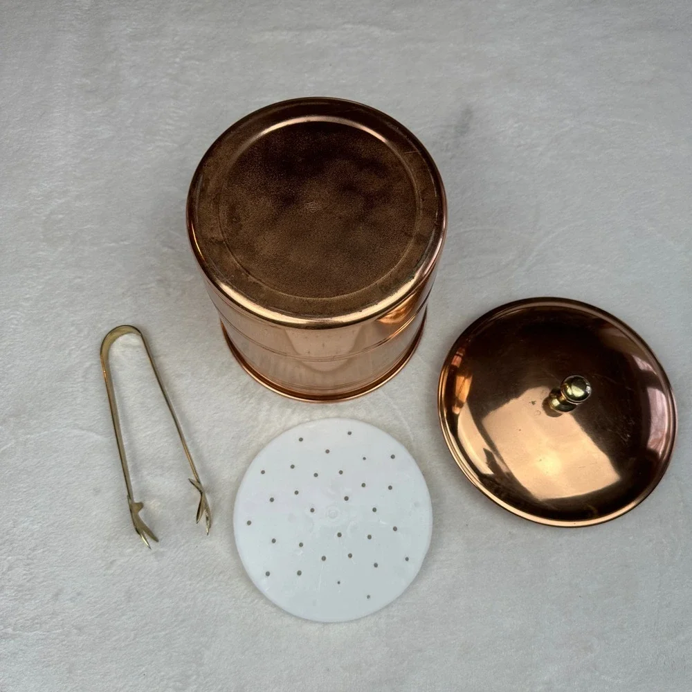 Vintage Copper‎ Ice Bucket with Tongs and Lid Barware Serving